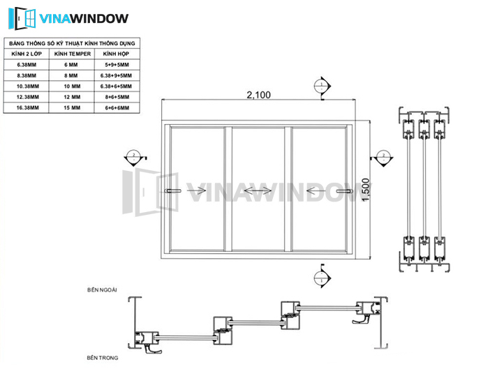 bản vẽ kỹ thuật cửa sổ 3 cánh mở trượt xingfa