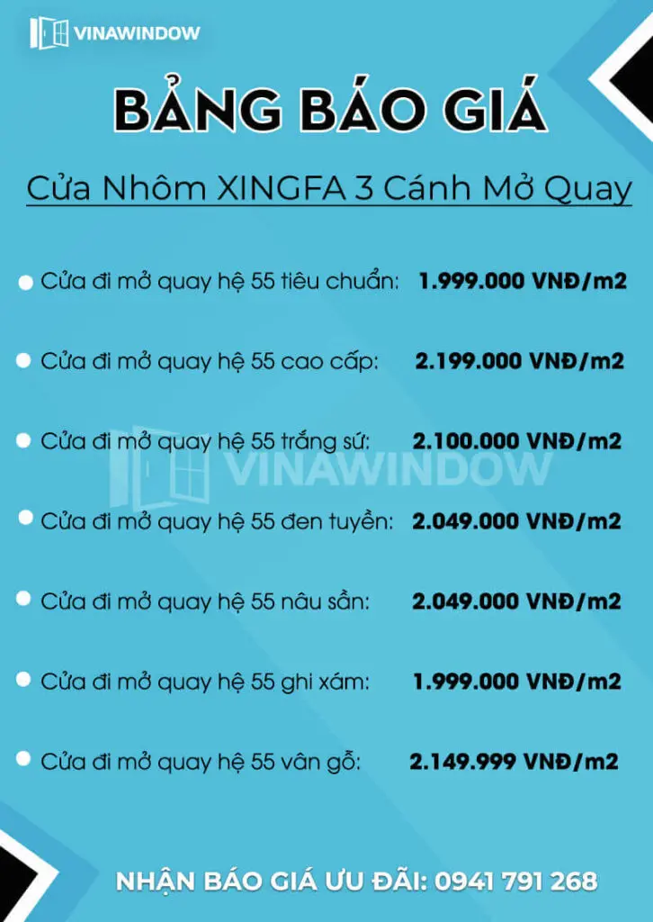 báo giá cửa nhôm xingfa 3 cánh mở quay