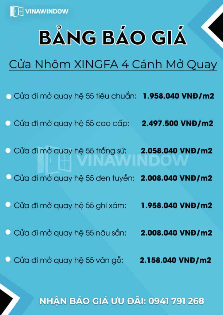 báo giá cửa nhôm xingfa 4 cánh mở quay