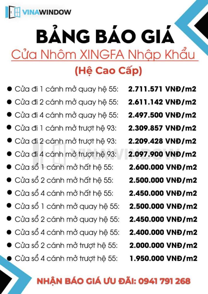Bảng báo giá cửa nhôm Xingfa chính hãng hệ cao cấp mới nhất hiện nay
