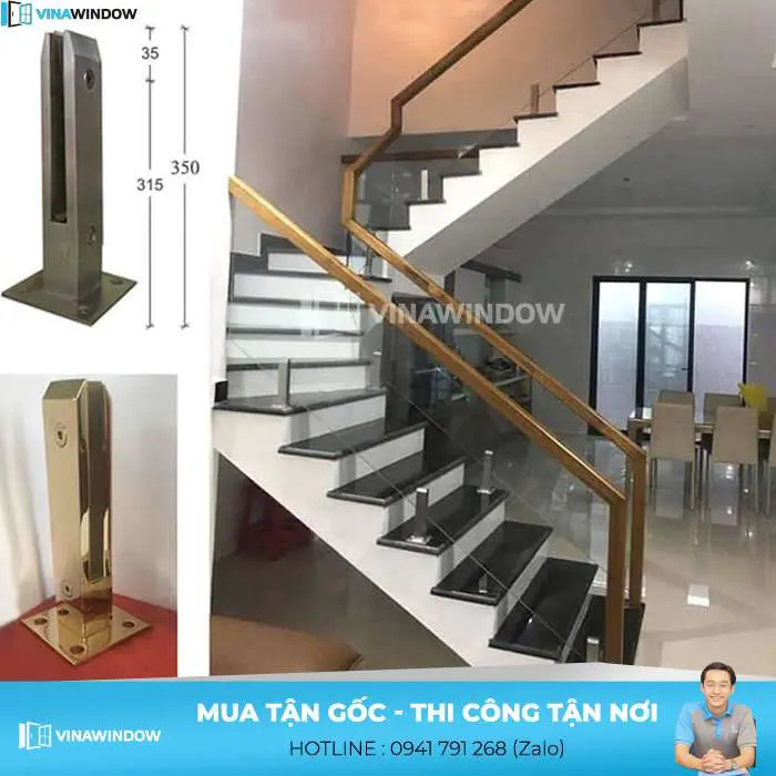 cầu thang kính cường lực trụ gỗ