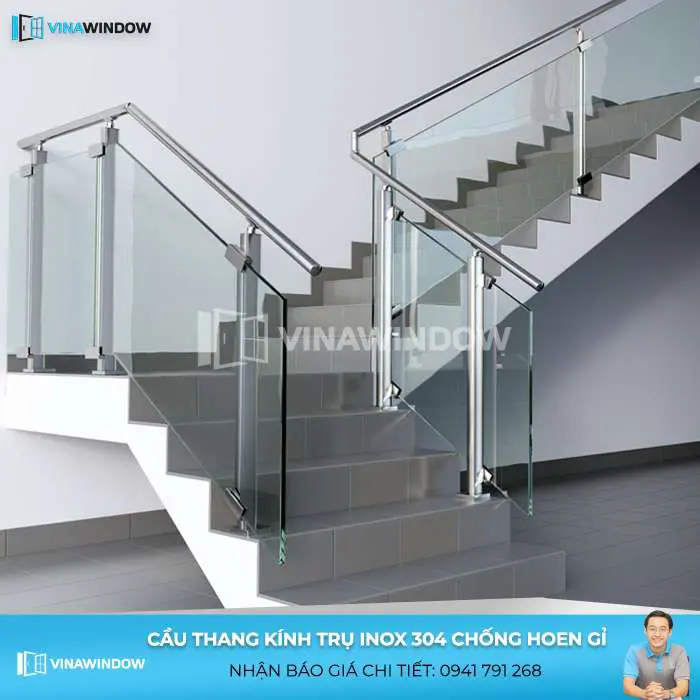 cầu thang kính trụ inox 304