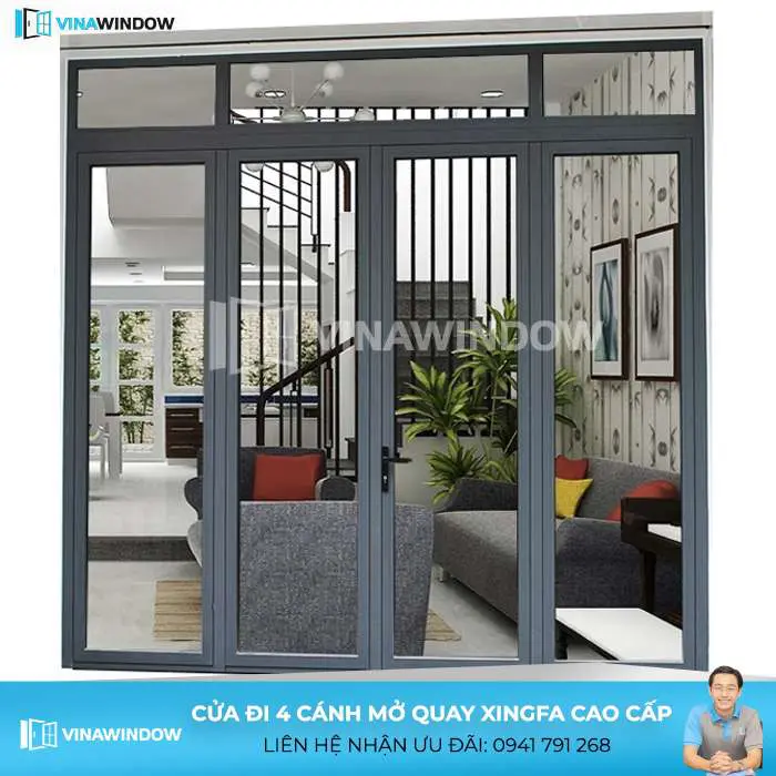 Cửa đi 4 cánh mở quay nhôm Xingfa tem đỏ