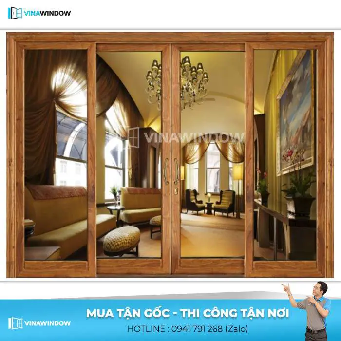 cửa đi 4 cánh mở trượt xingfa vân gỗ