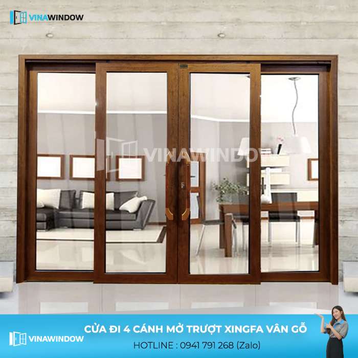 Mẫu cửa đi mở trượt 4 cánh nhôm Xingfa màu vân gỗ làm tăng tính sang trọng cho không gian phòng khách