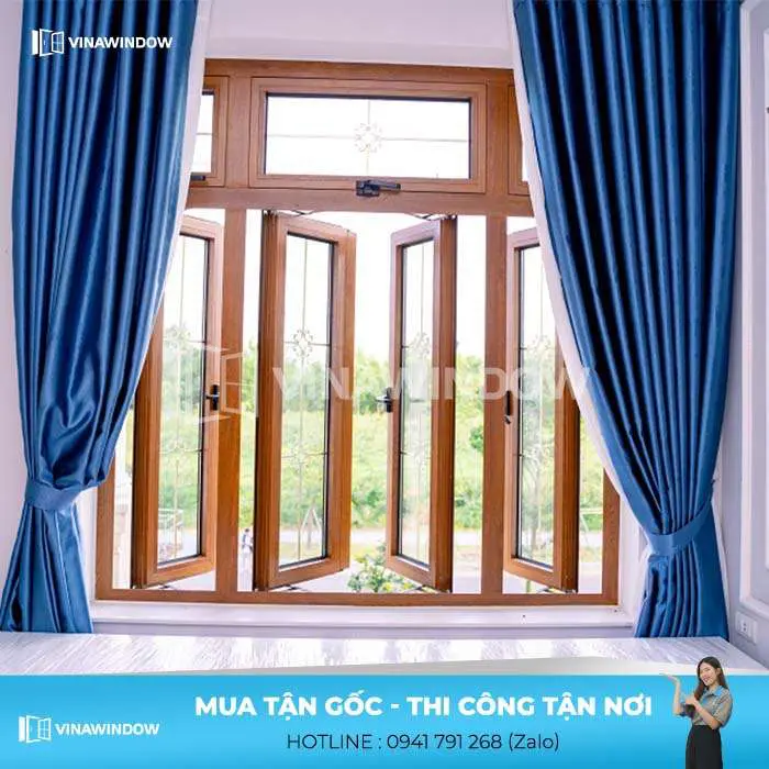 cửa sổ 4 cánh mở quay vân gỗ